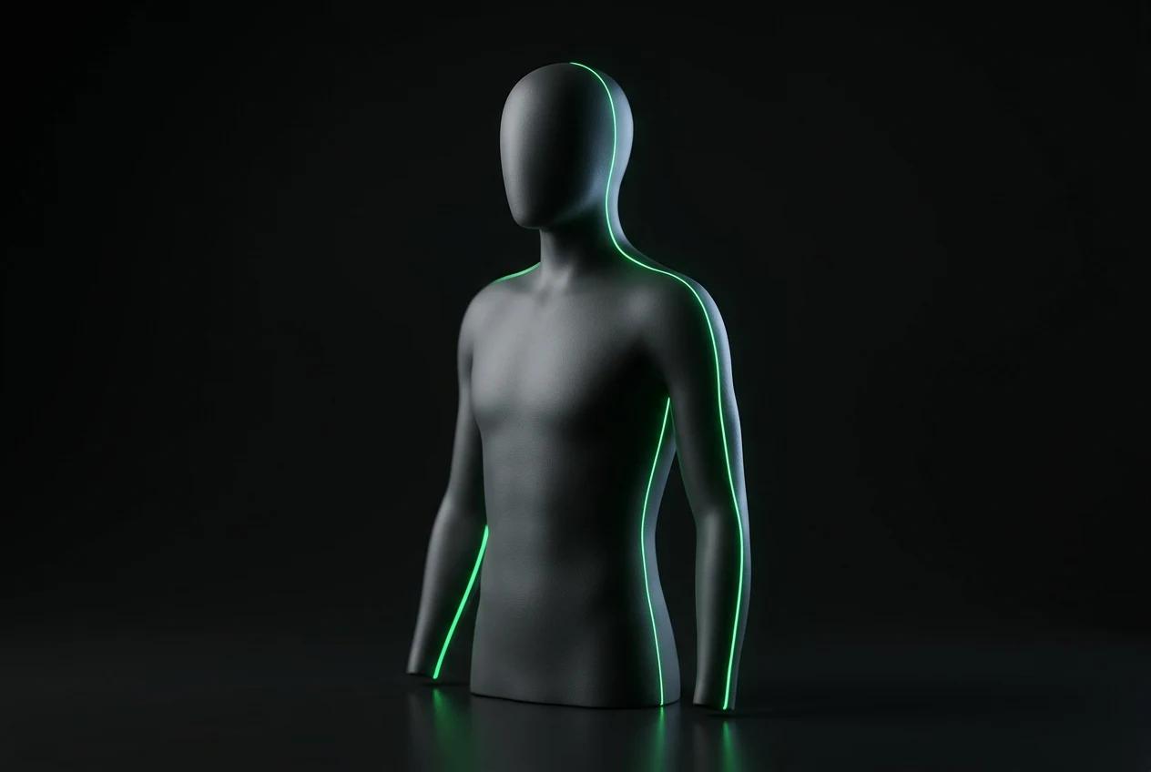 A figure traced with a single glowing contour, standing in the dark
