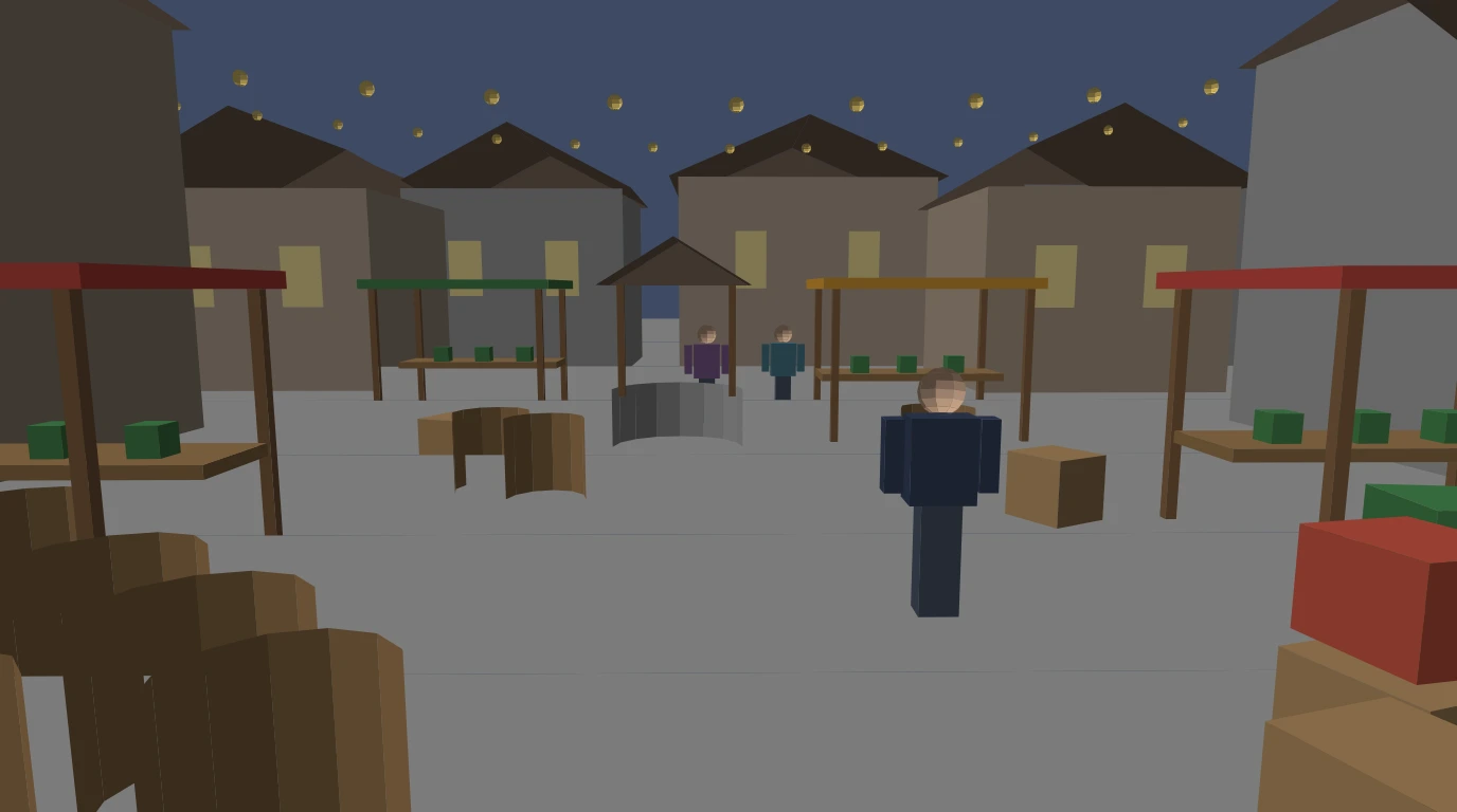 A market square built from untextured, flat-shaded shapes under a single light