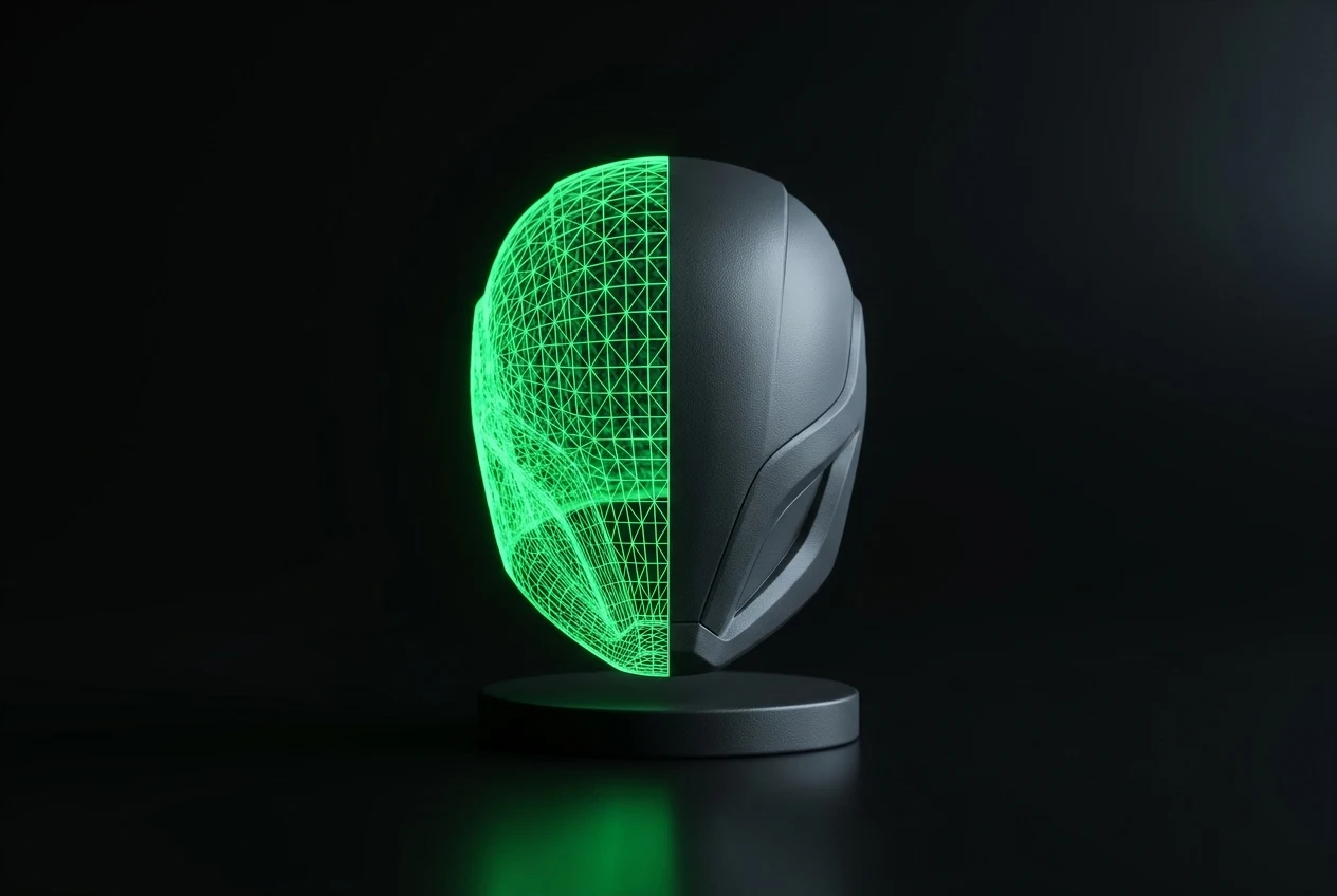 A helmet resolving from a wireframe into a finished, solid object