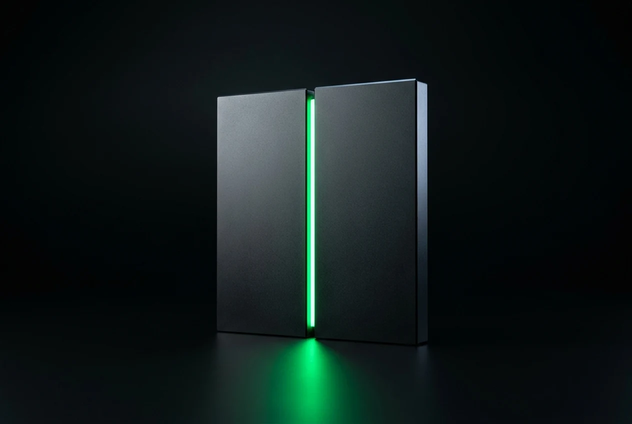A dark monolith split by a seam pouring green light