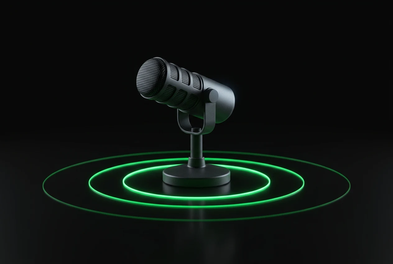 A microphone with rings of sound spreading out across a dark floor