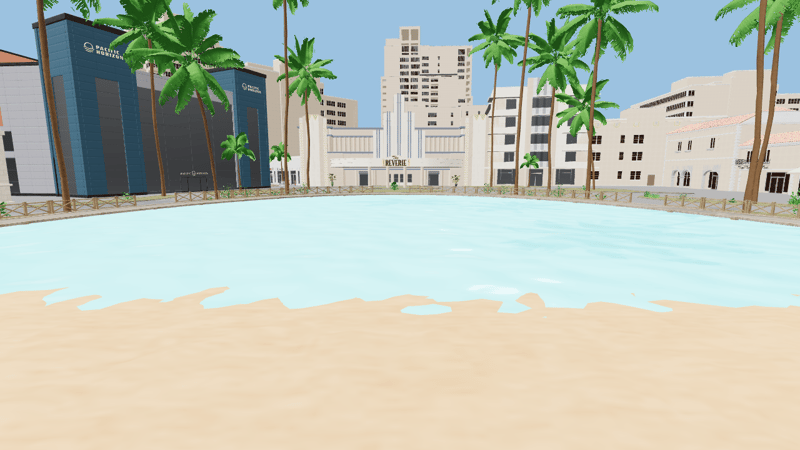 A published HELIX plaza — buildings, palms and open water