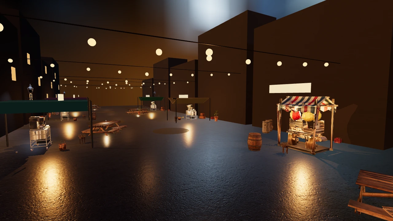 A published HELIX night market — wet reflective ground, warm lanterns and textured stalls